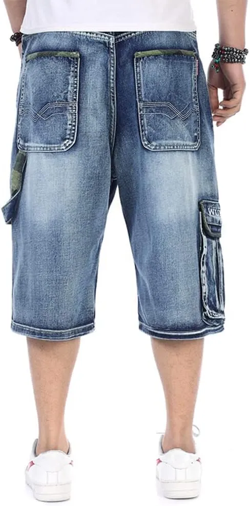 Kinghua Mens Denim Cargo Shorts Loose Fit Hip Hop Jean Shorts