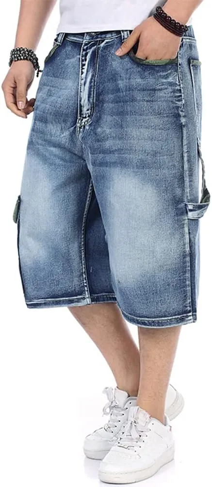 Kinghua Mens Denim Cargo Shorts Loose Fit Hip Hop Jean Shorts
