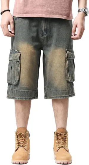 Kinghua Mens Denim Cargo Shorts Loose Fit Hip Hop Jean Shorts