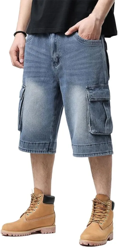 Kinghua Mens Denim Cargo Shorts Loose Fit Hip Hop Jean Shorts
