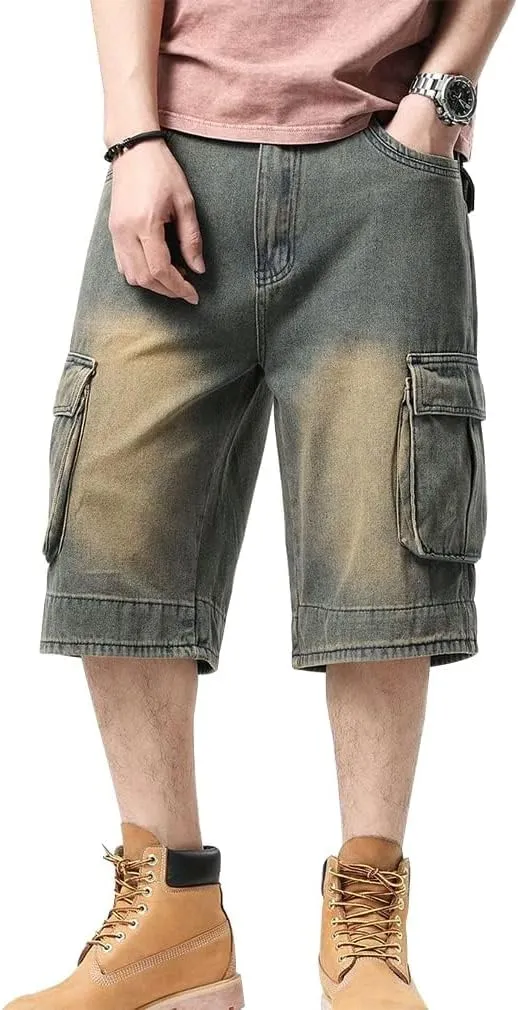 Kinghua Mens Denim Cargo Shorts Loose Fit Hip Hop Jean Shorts