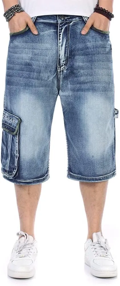 Kinghua Mens Denim Cargo Shorts Loose Fit Hip Hop Jean Shorts