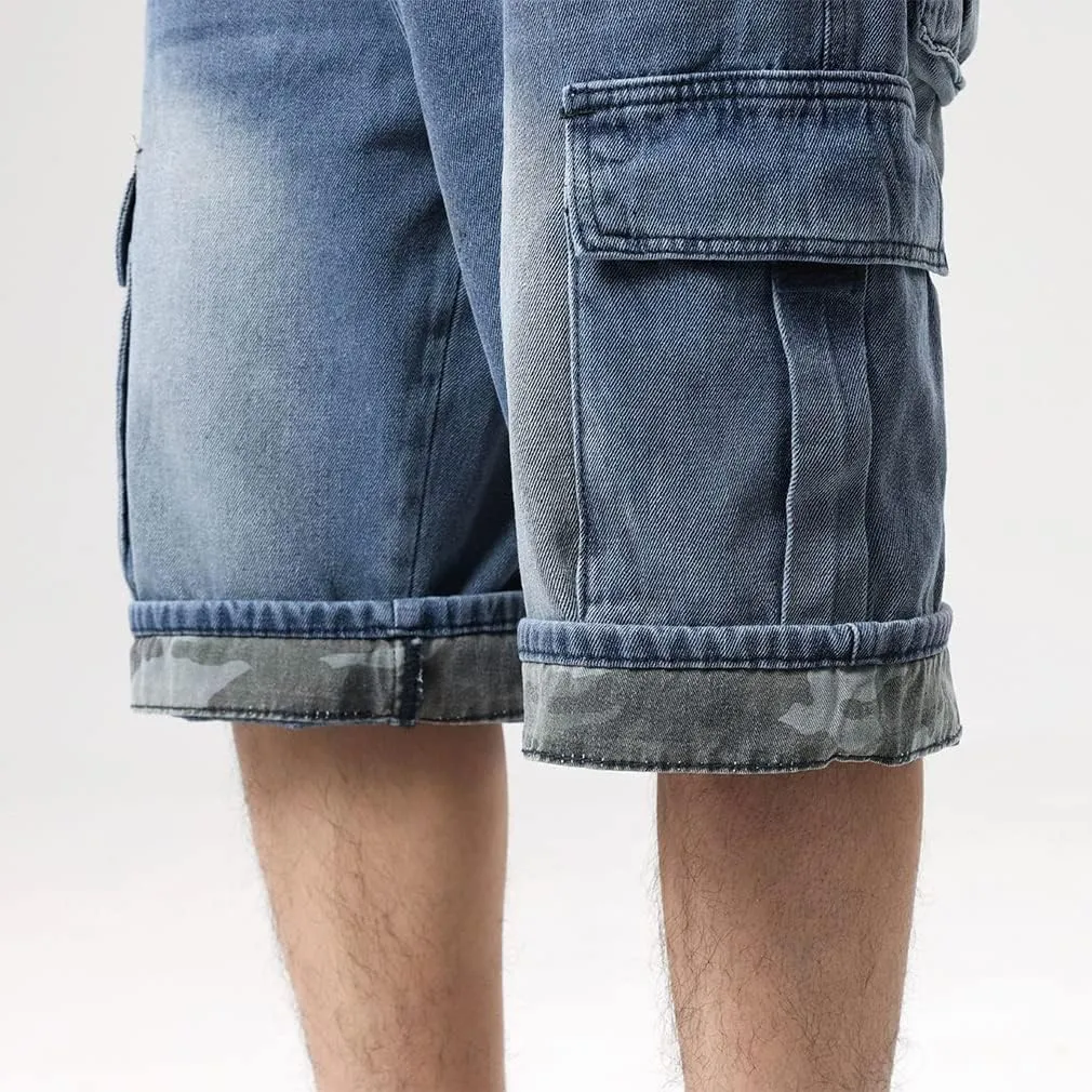 Kinghua Mens Denim Cargo Shorts Loose Fit Hip Hop Jean Shorts