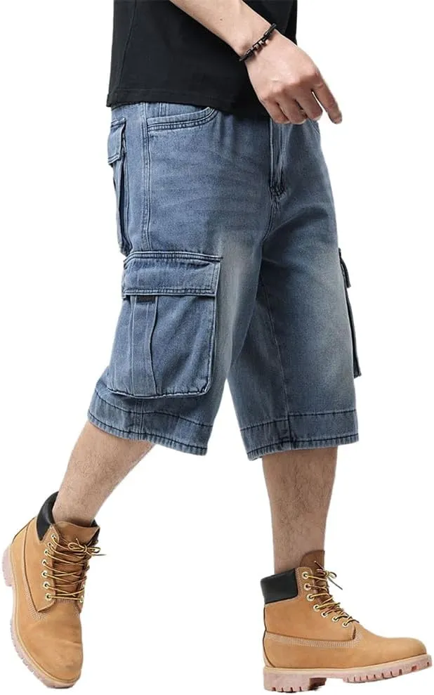 Kinghua Mens Denim Cargo Shorts Loose Fit Hip Hop Jean Shorts
