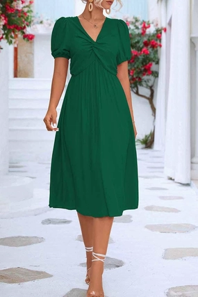 KINK V NECK BALLOON SLEEVE RUFFLED MIDI DRESS Subtle pattern