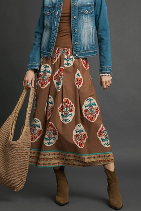 No Ride Up Timeless Piece Boho Floral Midi Skirt in Brown