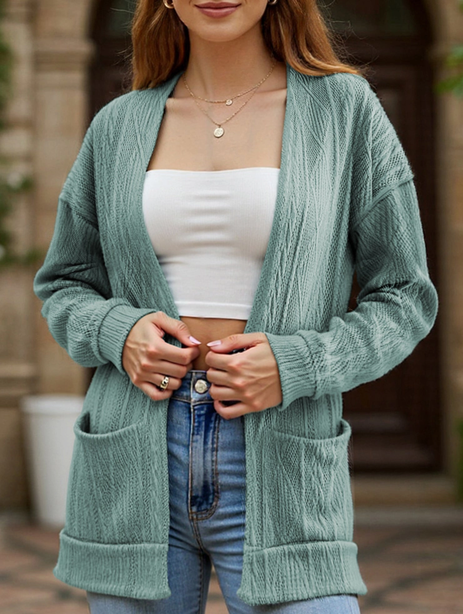 Knitted drop shoulder double pocket cardigan Casual Long Sleeve