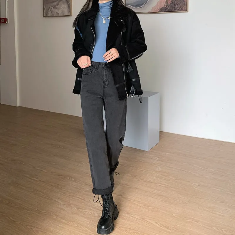 [Korean Style] Basma Loose Fit Straight Roll-up Jeans