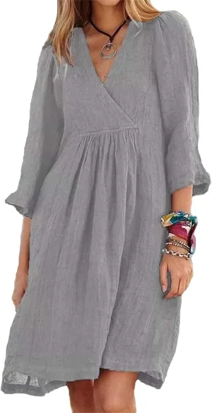 Kubbon Womens Summer Dresses Cotton Linen A Line Dresses Loose Half Sleeve V Neck Dress Flowy Midi Dress 2025 Fashion