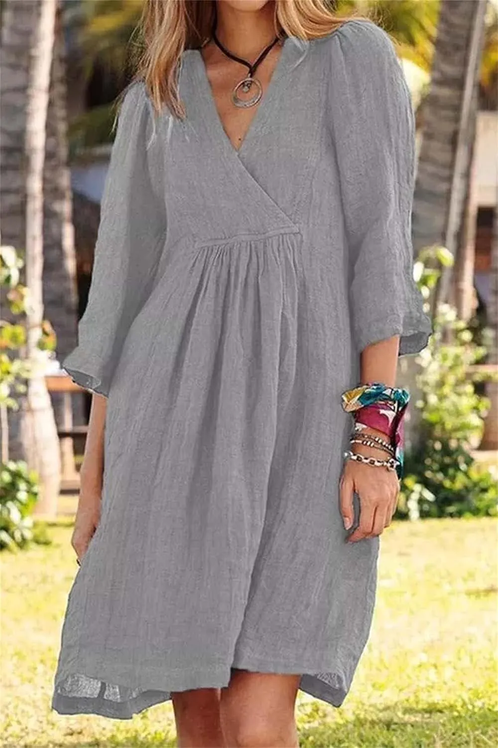 Kubbon Womens Summer Dresses Cotton Linen A Line Dresses Loose Half Sleeve V Neck Dress Flowy Midi Dress 2025 Fashion