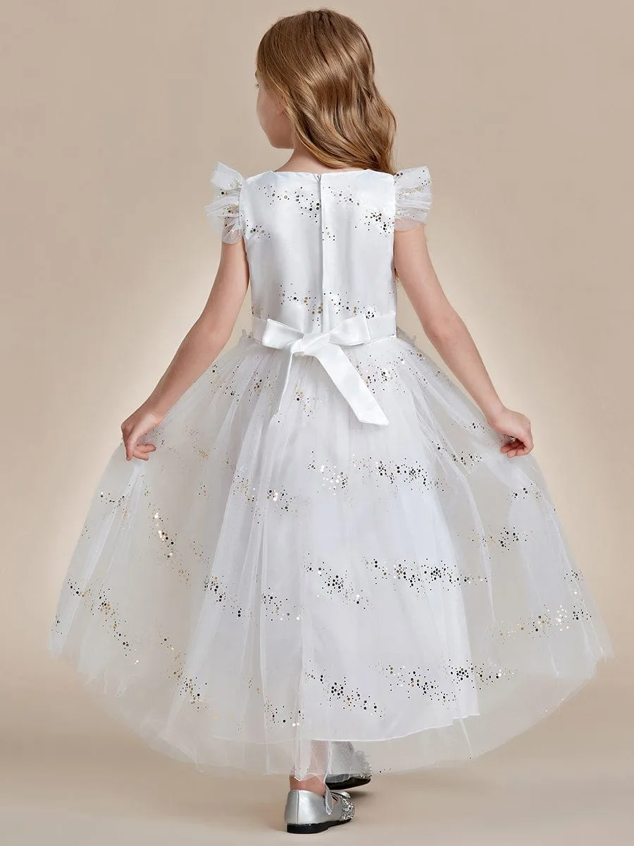 Lace and Sparkle Princess Flower Girl Dress with Flutter Sleeves