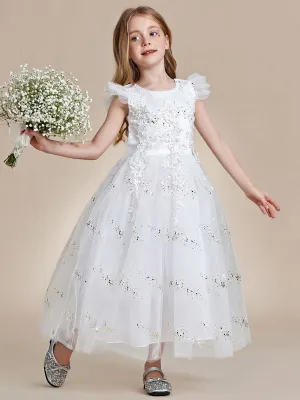 Lace and Sparkle Princess Flower Girl Dress with Flutter Sleeves