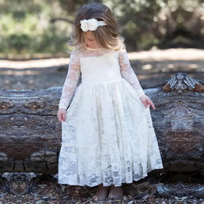 Lace Applique Floor Length Flower Girl Dress Wedding Birthday Kids Gown