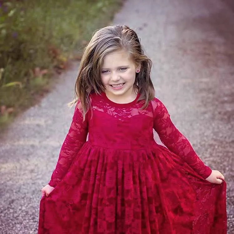 Lace Applique Floor Length Flower Girl Dress Wedding Birthday Kids Gown