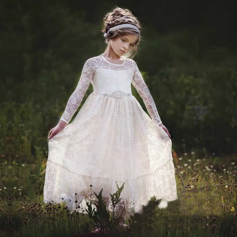 Lace Applique Floor Length Flower Girl Dress Wedding Birthday Kids Gown