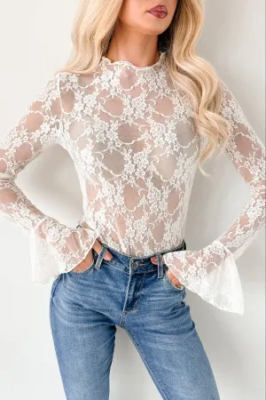 Flatlock Seam Technology Lace Darling Mock Neck Floral Lace Top (White)