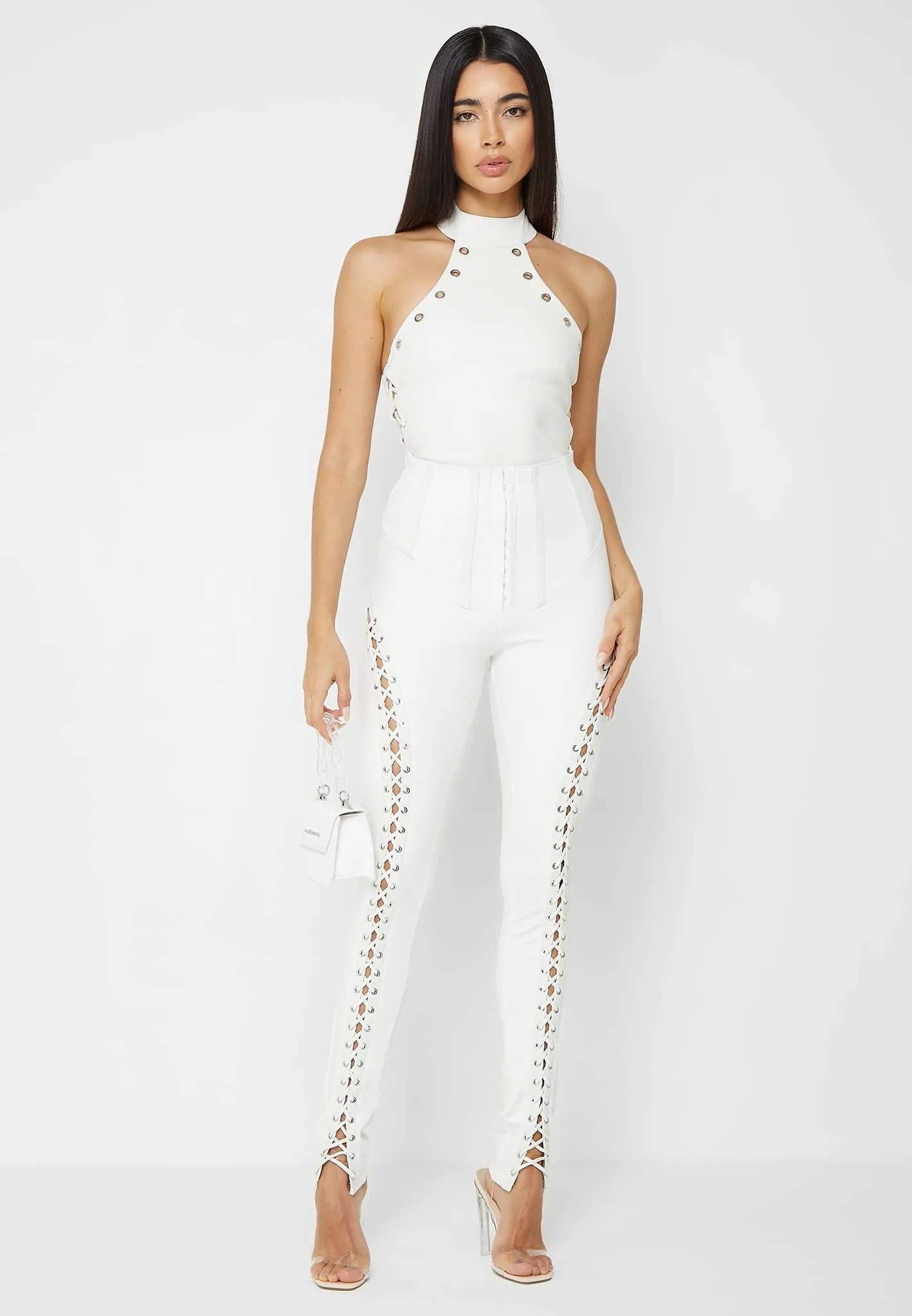 Lace Up Leggings with Corset Detail - White