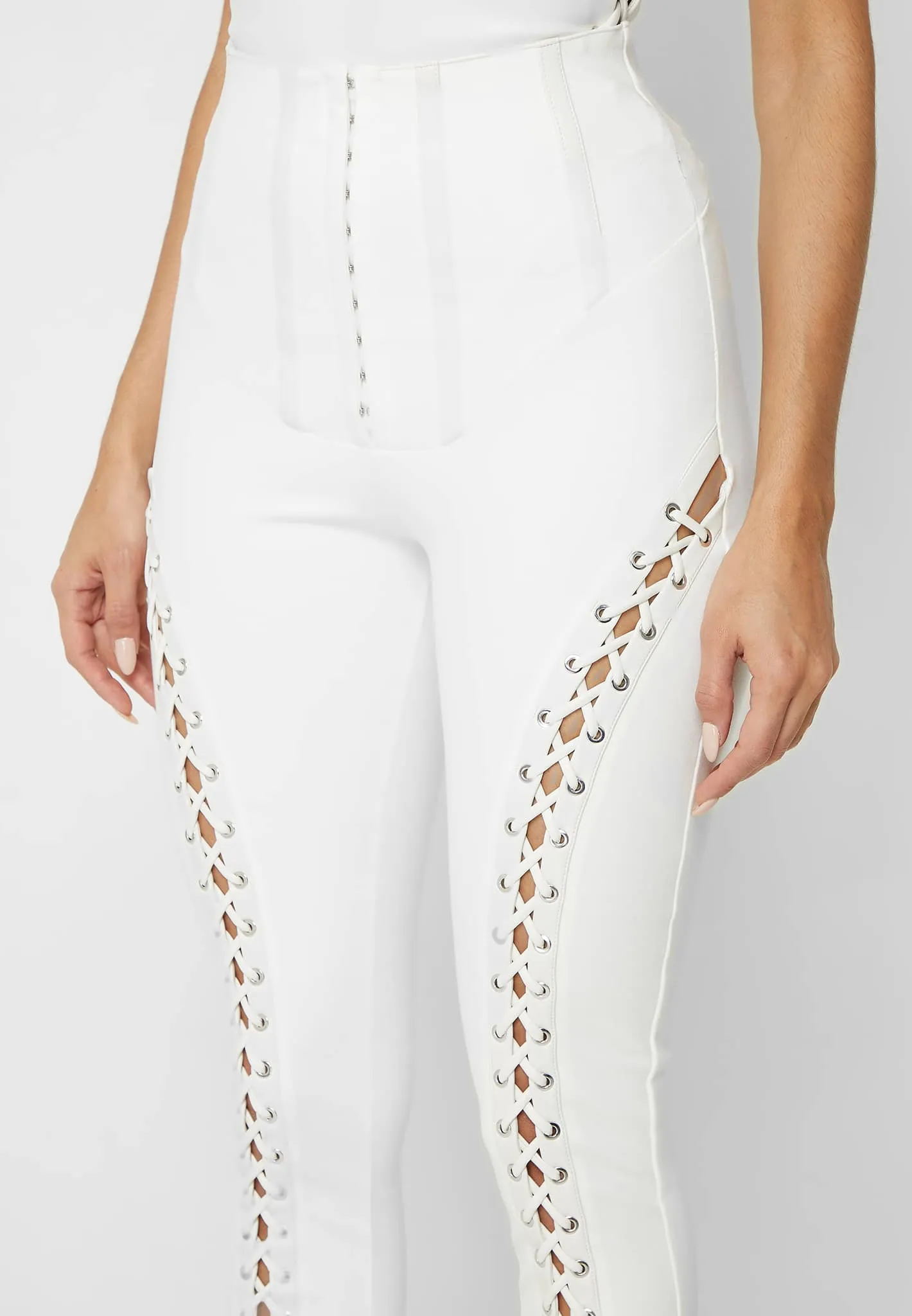 Lace Up Leggings with Corset Detail - White