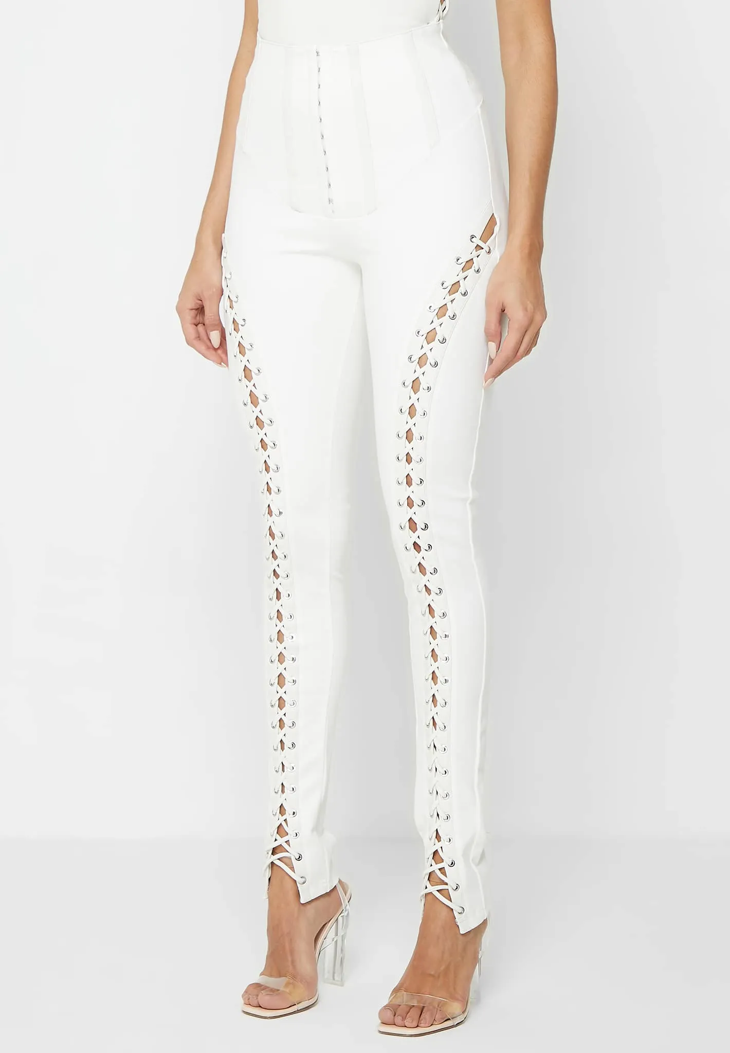Lace Up Leggings with Corset Detail - White