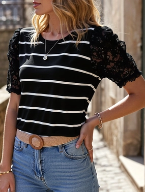Lace Short Sleeve Striped Slim Fit Top ??S to XL NonRestrictive Fit SoftTouchBrushedInterior