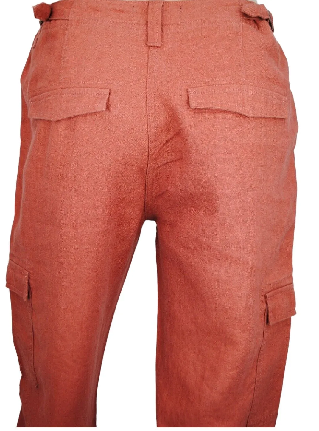 Ladies Terracotta Linen Cargo Carpri Crop Adjustable Waist Trousers