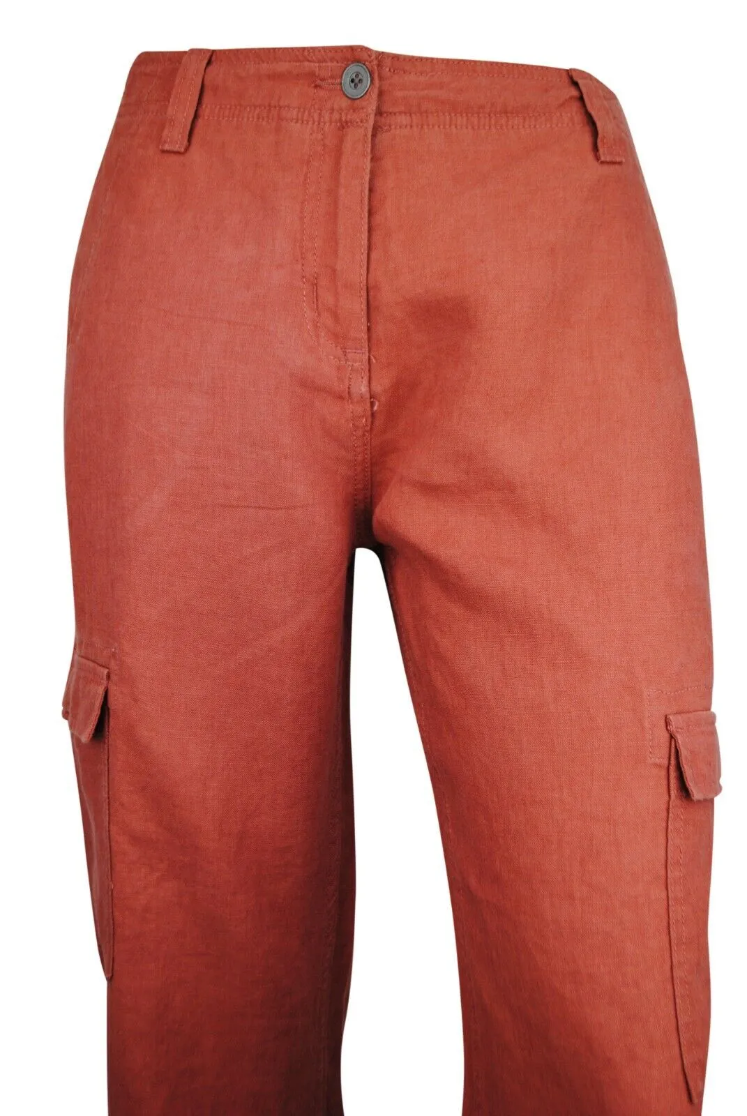 Ladies Terracotta Linen Cargo Carpri Crop Adjustable Waist Trousers