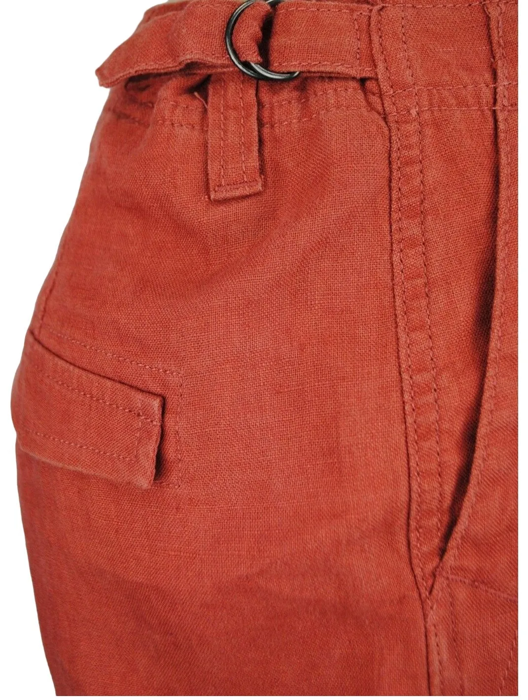 Ladies Terracotta Linen Cargo Carpri Crop Adjustable Waist Trousers