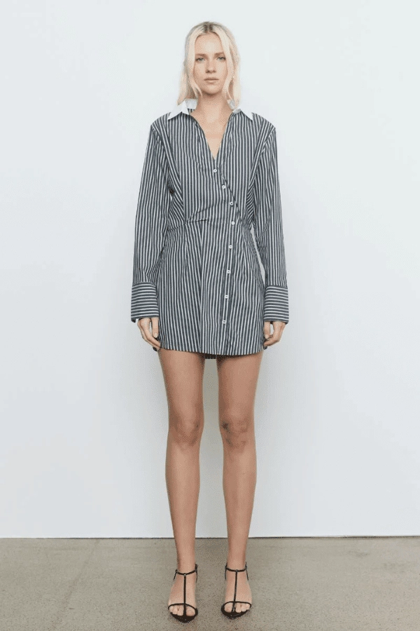 Laia Shirt Dress Black Stripe Sage Detail