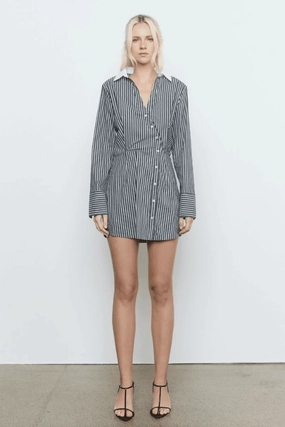 Laia Shirt Dress Black Stripe Sage Detail