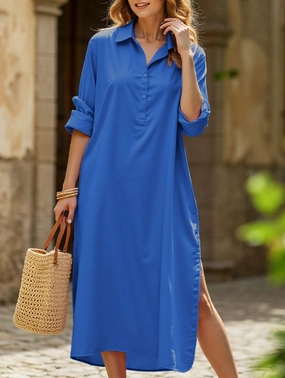 Lapel Button Side Slit Casual Midi Dress Perfect For Work Perfect Cut
