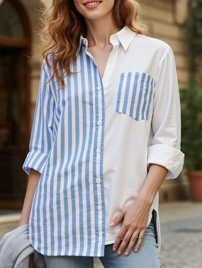 FourWayStretch Lapel patchwork top casual shirt