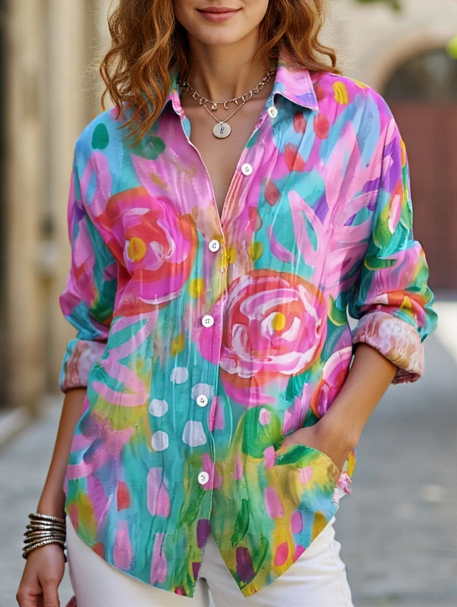Convertible Design Lapel shirt with floral print cardigan