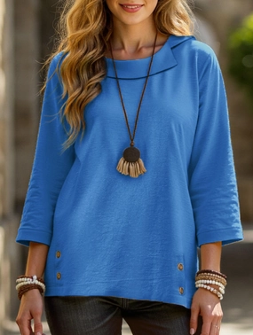 Lapel three-quarter sleeve casual T-shirt top Interlock Weave