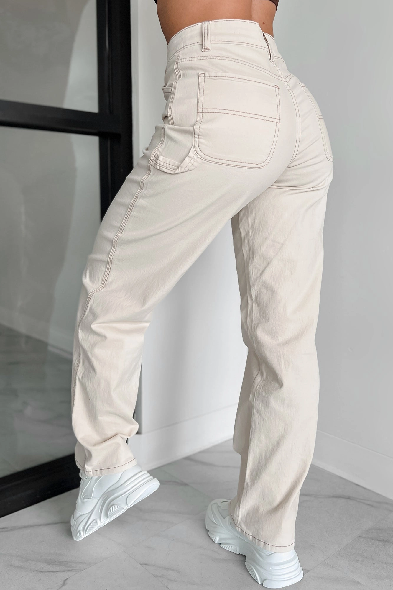 Smooth Finish Durable Activewear Lark High Rise Straight Leg Carpenter Jeans (Ecru)