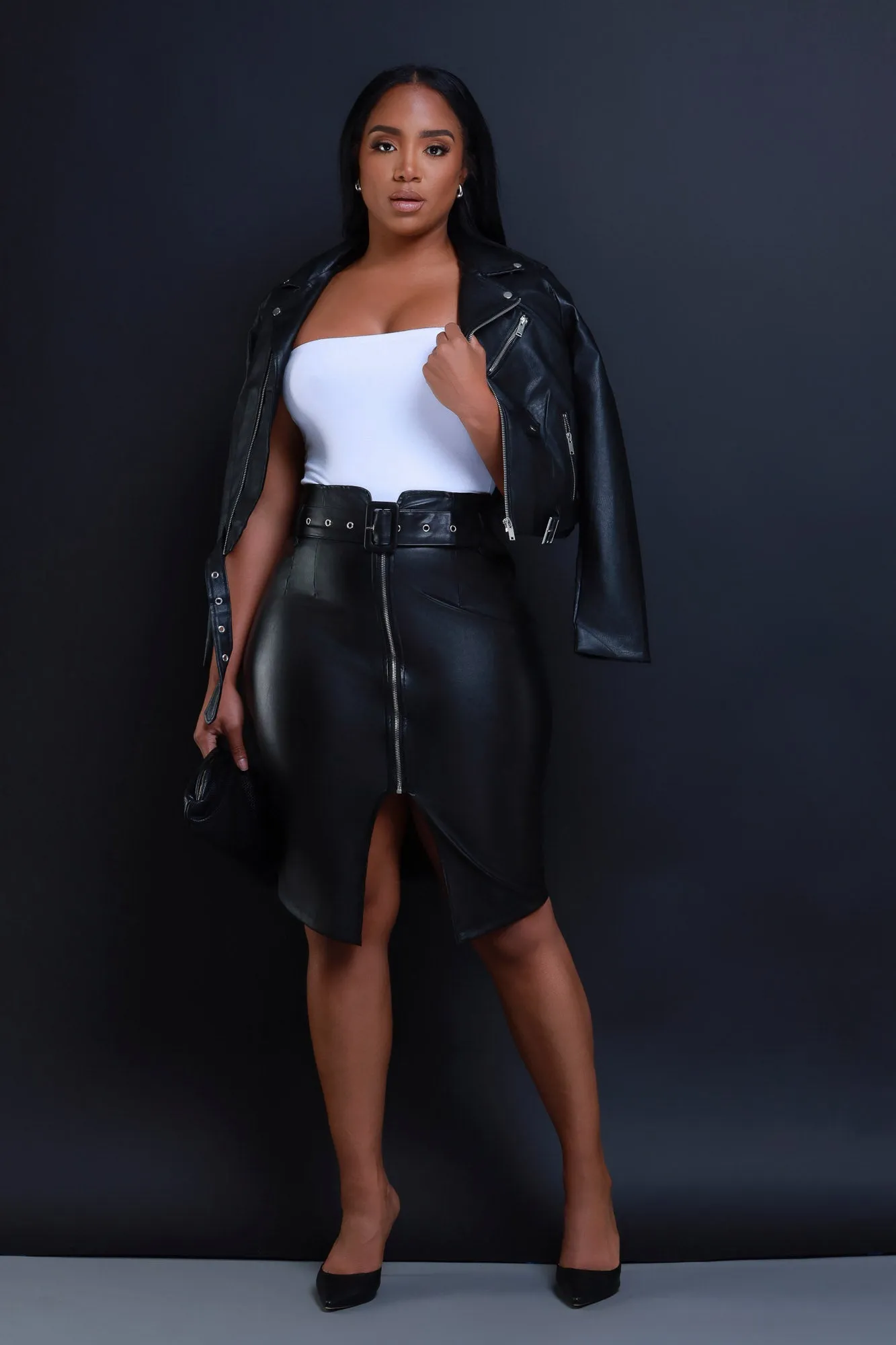Late Fee Belted Faux Leather Midi Skirt - Black