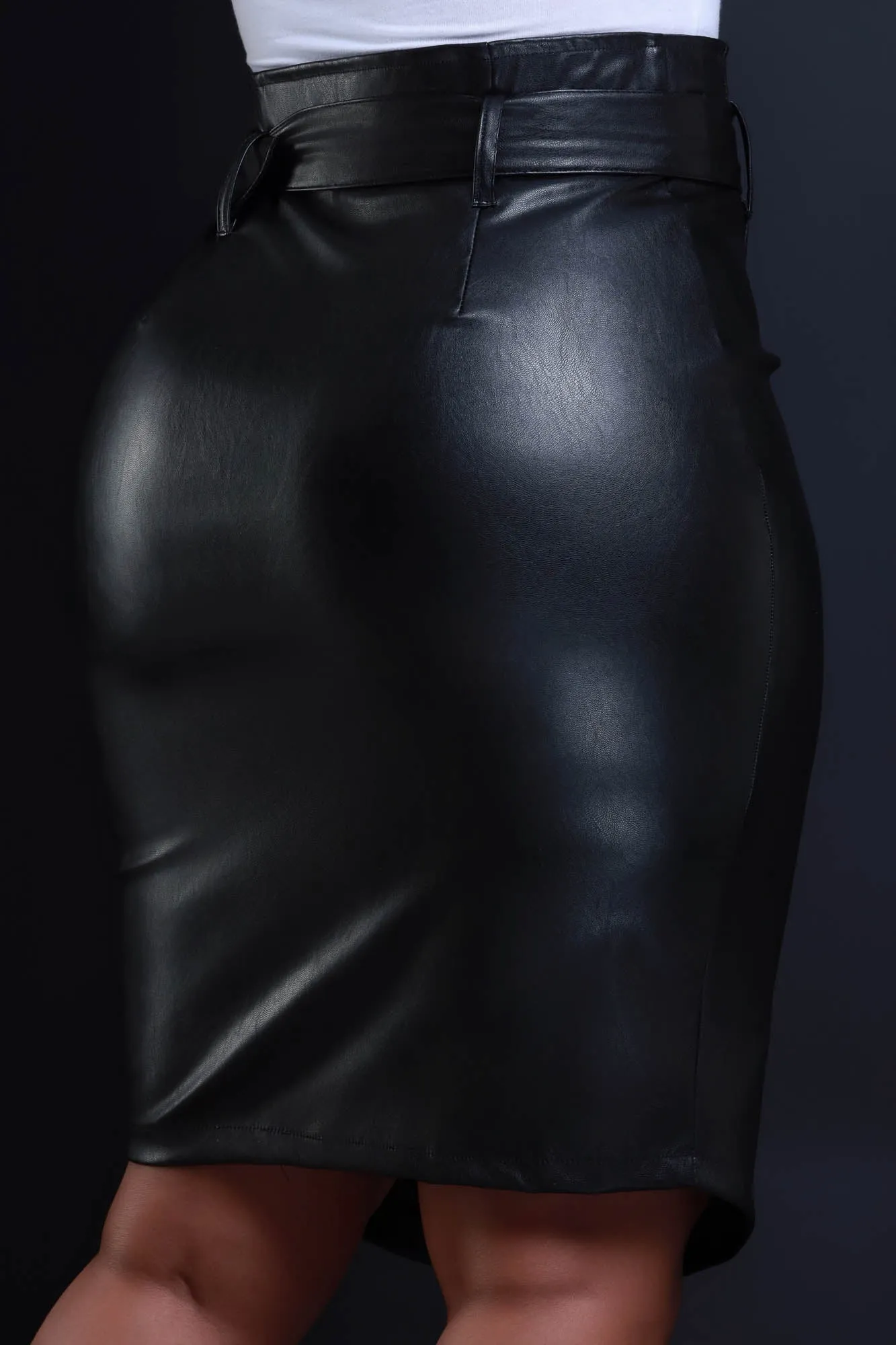 Late Fee Belted Faux Leather Midi Skirt - Black