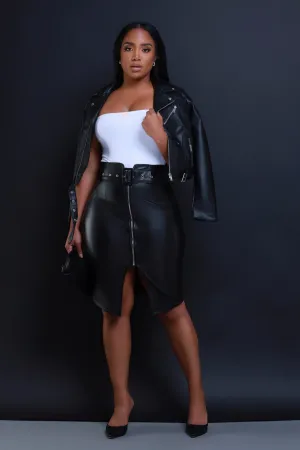 Late Fee Belted Faux Leather Midi Skirt - Black