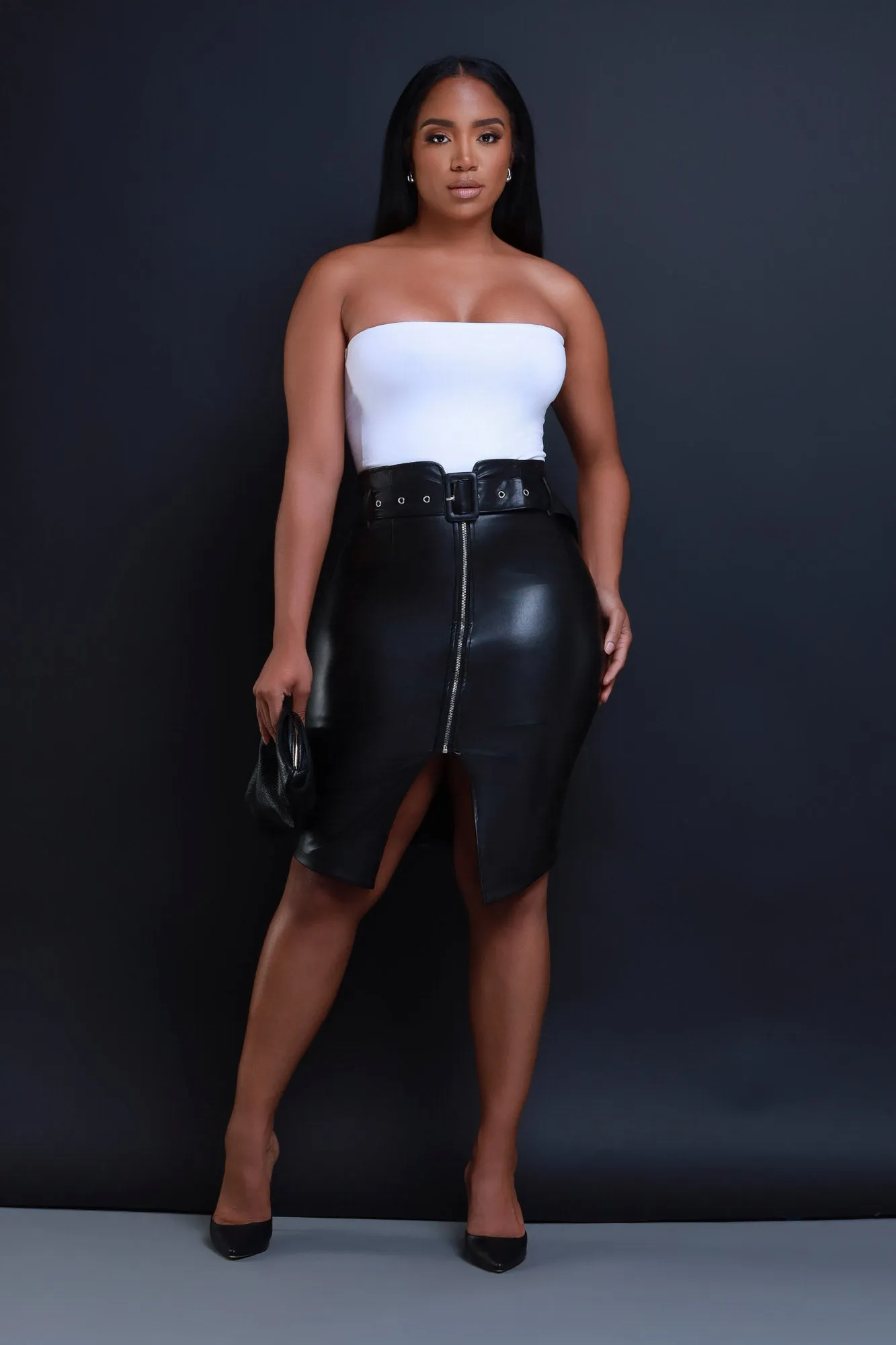 Late Fee Belted Faux Leather Midi Skirt - Black