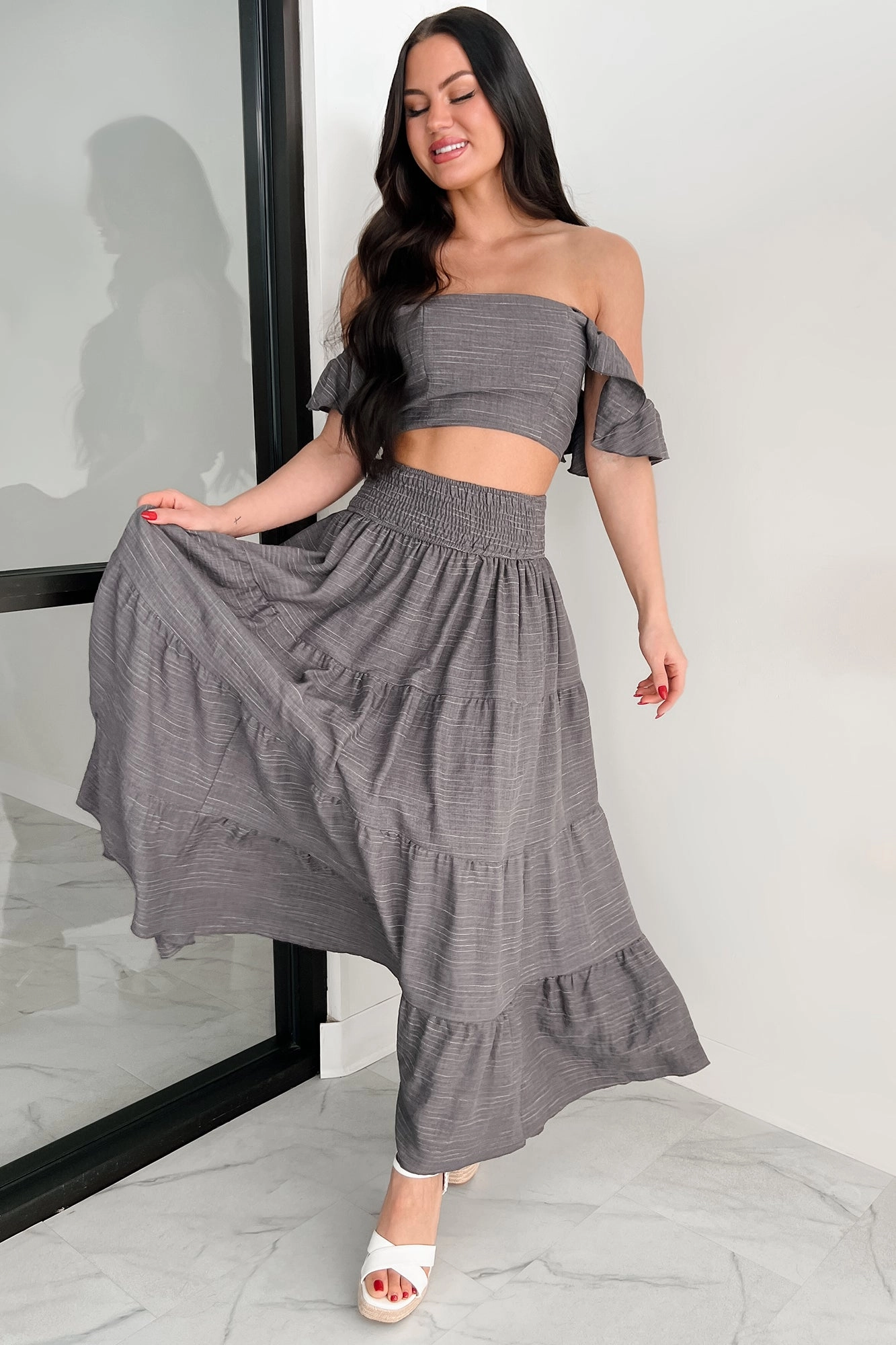Laugh Till It Hurts Two Piece Ruffle Skirt Set (Charcoal) Bonded Seam Construction
