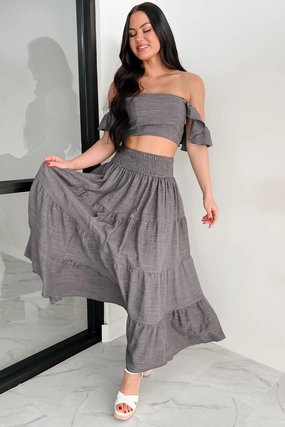 Laugh Till It Hurts Two Piece Ruffle Skirt Set (Charcoal) Bonded Seam Construction