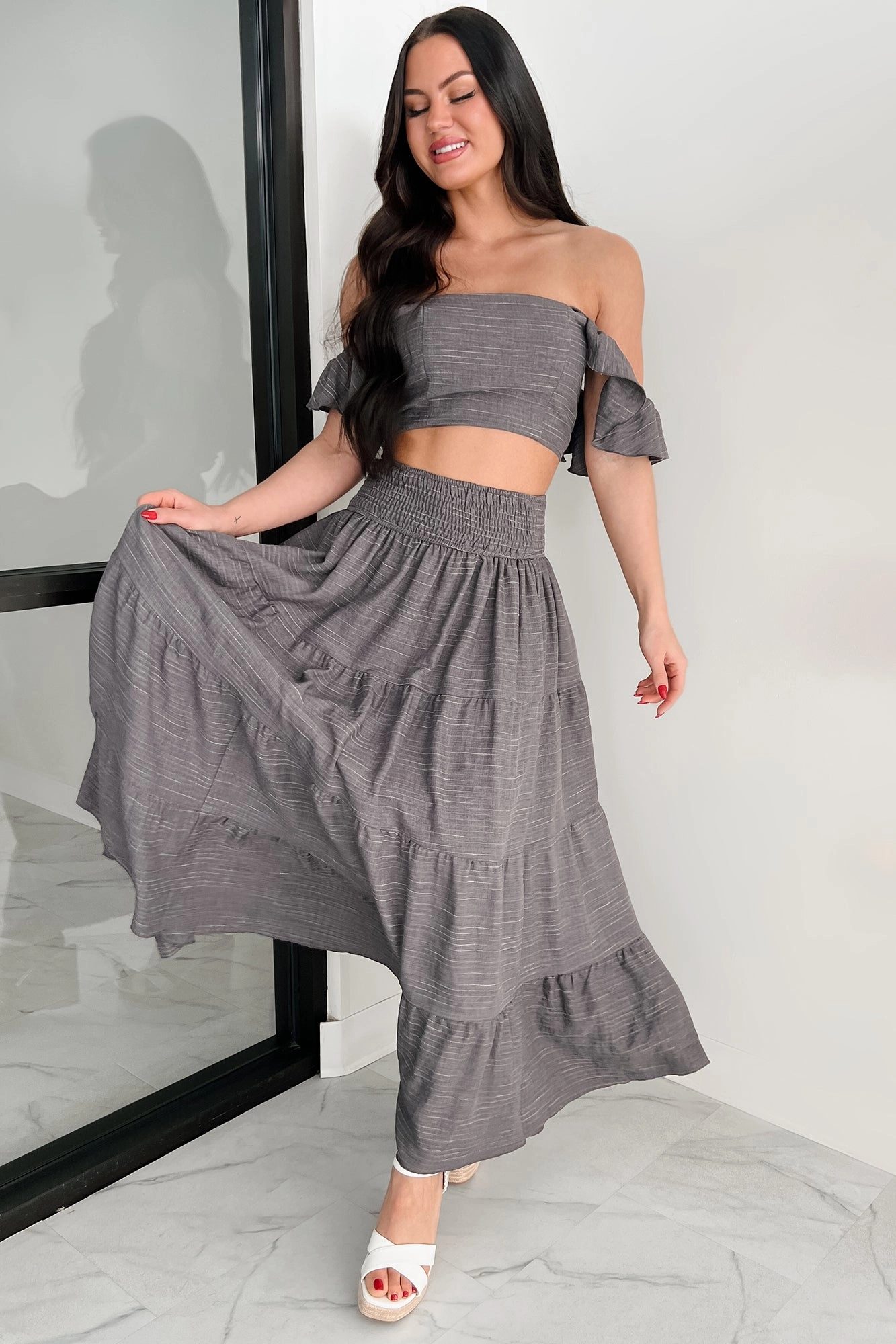 Photoshoot Ready Elegant Flow Laugh Till It Hurts Two Piece Ruffle Skirt Set (Charcoal)