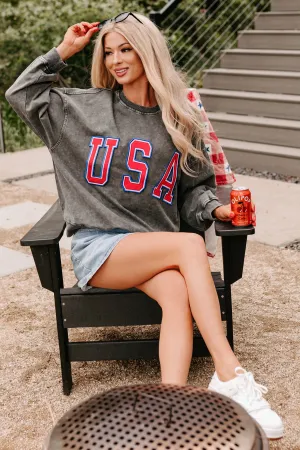 "USA" Mineral Wash Sweatshirt (Charcoal) Stylish Dress Rolled Hem Finish