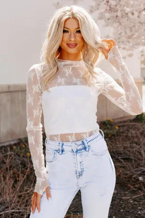 Stretch Knit Fabric Bold & Brave Floral Lace Long Sleeve Top (Ivory)