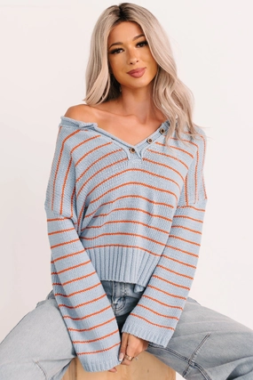 Soft Texture Contoured Side Panels Sunday Comfort Striped Henley Sweater (Blue/Orange)