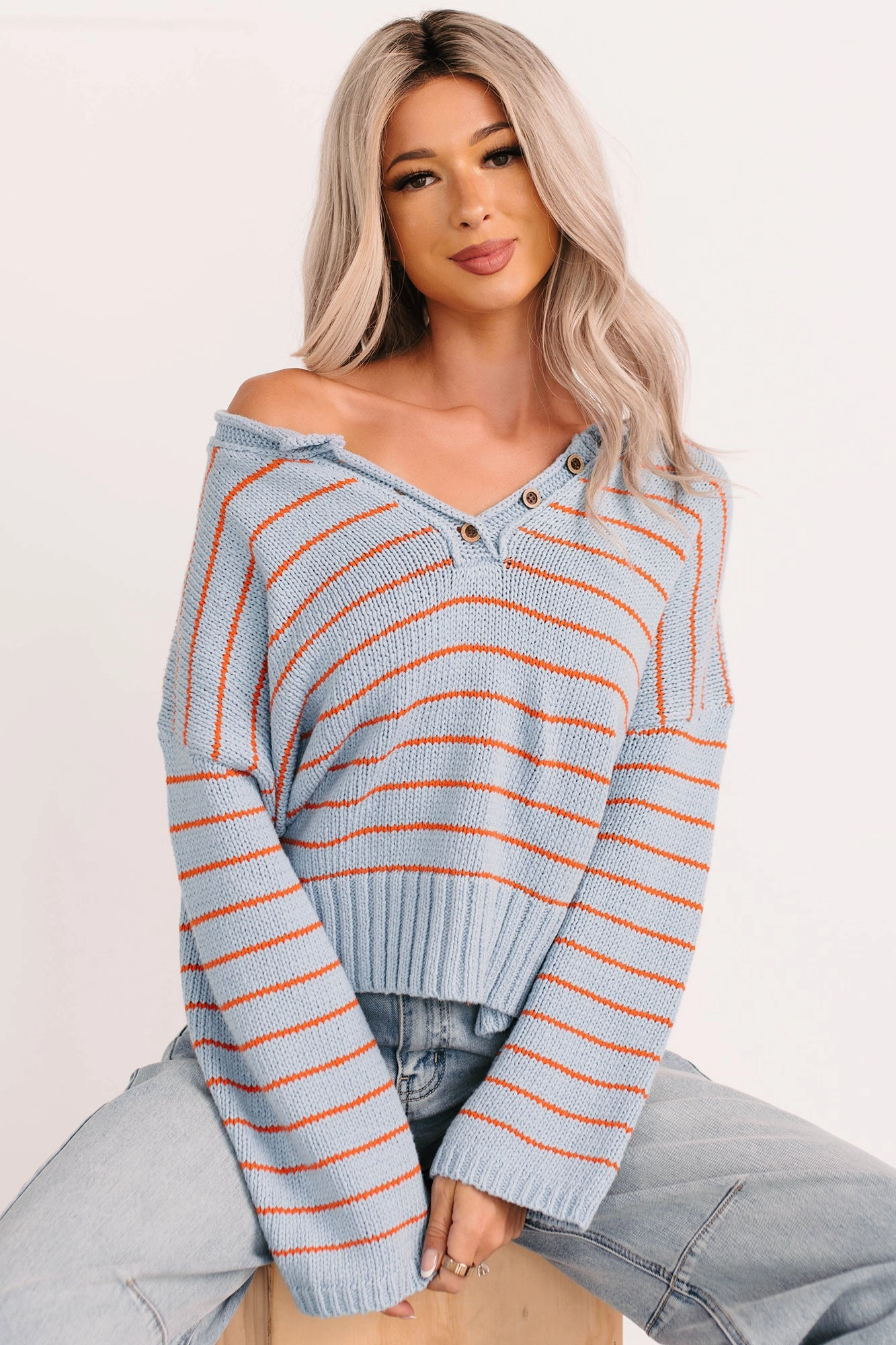 Eco Friendly Material Sunday Comfort Striped Henley Sweater (Blue/Orange)