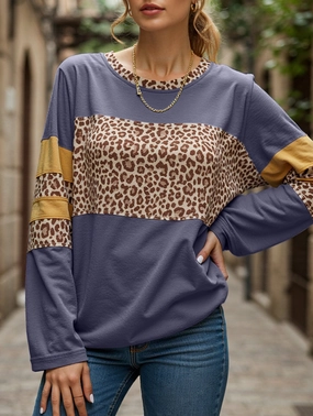 Leopard-print asymmetrical hem long-sleeve top VentilatedBackPanel AntiStaticInnerLining