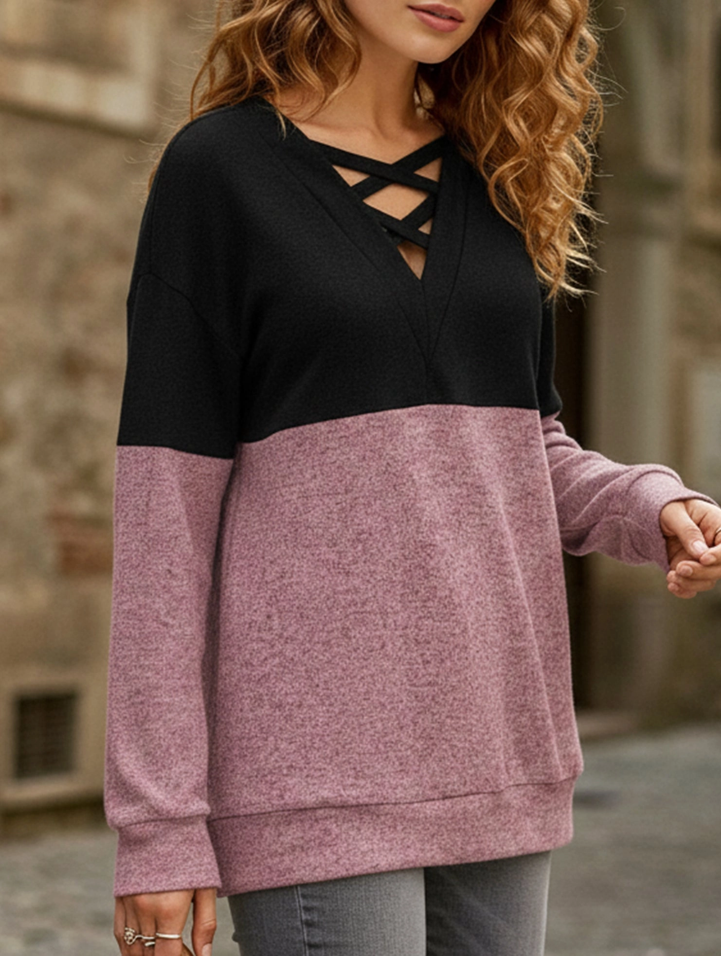 Durable Binding CASUAL V-NECK CROSS-CONTRAST SHIRT TOP