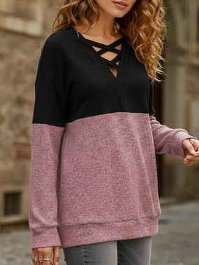 DurableStitching CASUAL V-NECK CROSS-CONTRAST SHIRT TOP