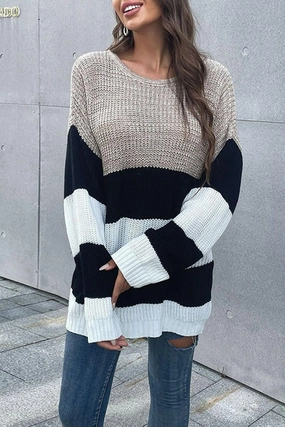 FlatlockSeamTechnique Lightweight pullover STRIPED ROUND NECK KNITTED SWEATER