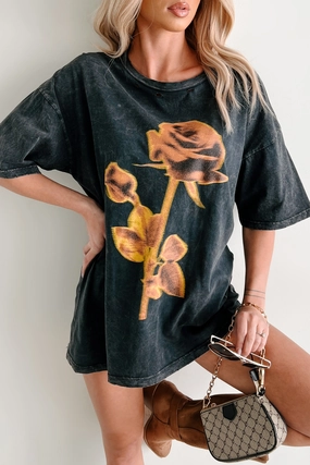 LowMaintenance Graceful Rebellion Distressed Floral Graphic T-Shirt (Charcoal)